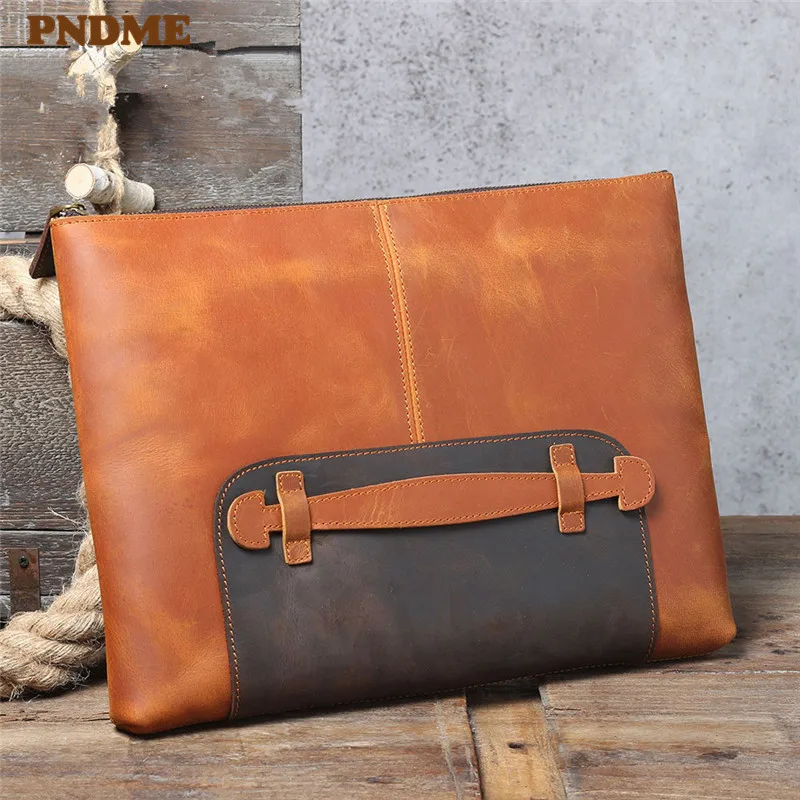 Vintage genuine leather large-capacity men's clutch bag simple designer handmade natural real cowhide work laptop A4 file bag