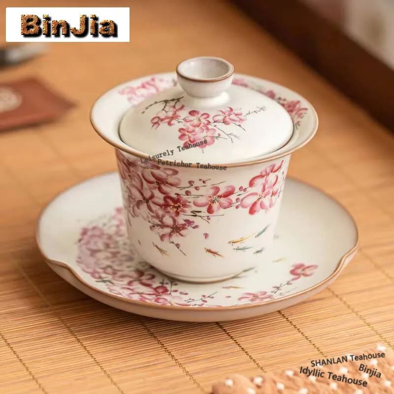 

150ml Elegant Lard Jelly Ru Kiln Gaiwan Ladies' Pear Blossom Tea Tureen Aesthetic Tea Brewing Cover Bowl Teaware Ornaments Gifts