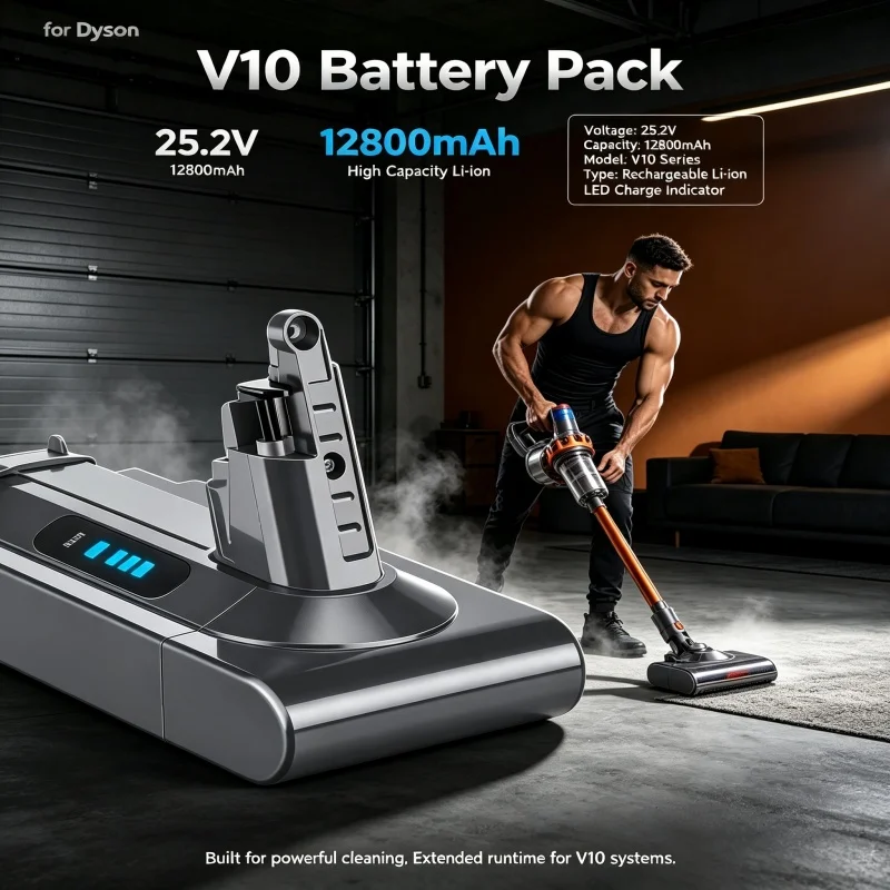 Raddoppia la durata di funzionamento del tuo Dyson V10: batteria di ricambio agli ioni di litio da 12800 mAh e 25,2 V, compatibile con i modelli SV12 Absolute e Animal.