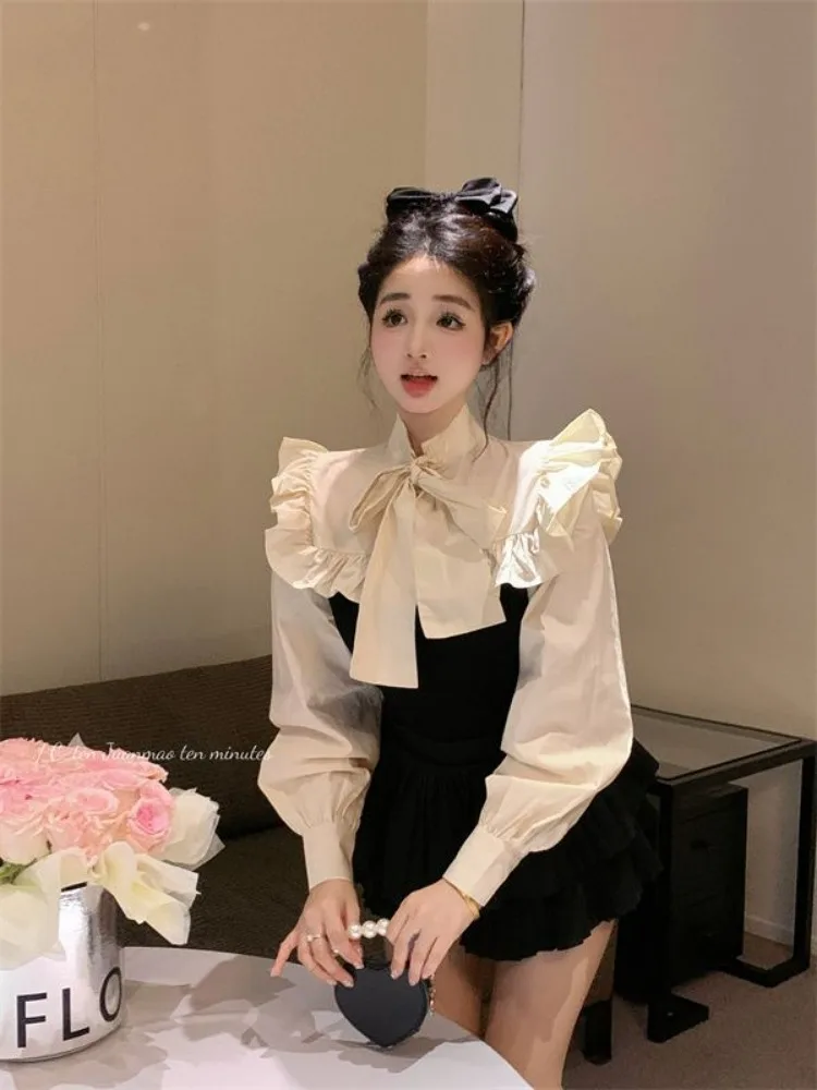 

Французская милая блузка с длинными рукавами и рюшами, женская блузка с галстуком-бабочкой в стиле пэчворк, облегающий укороченный топ, 2025 г., новая мода, универсальные шикарные рубашки