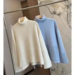 High Collar Cashmere Casual Sweater for Women New Loose Long Sleeves Lady Knitted Sweater Tops for Winter