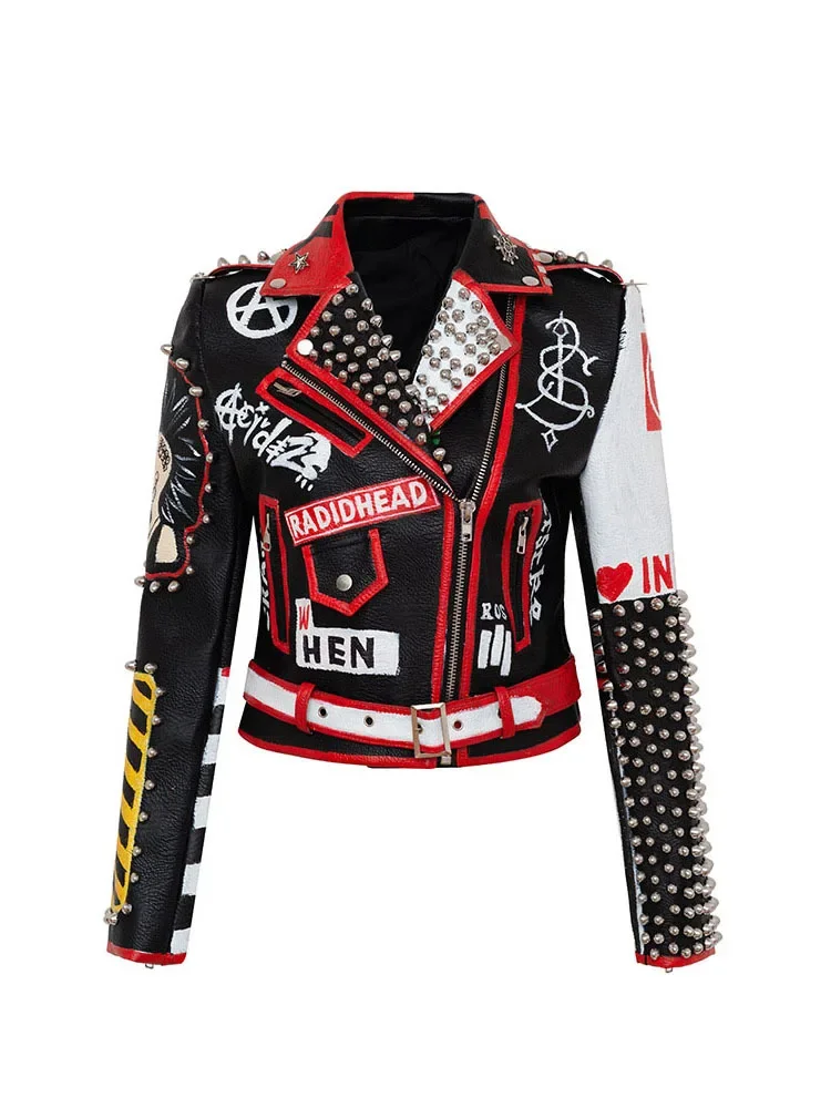 Jaket Kulit PU Print Paku Keling Punk Rock Zurihouse Jaket Motor Streetwear Pendek Ramping Wanita Chaqueta Mujer