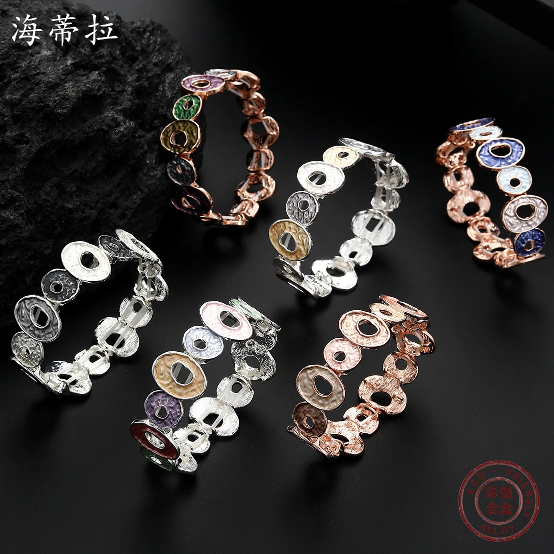 explosive color painting oil oval hollow elastic bracelet corrugated women's handmade versatile alloy bracelet