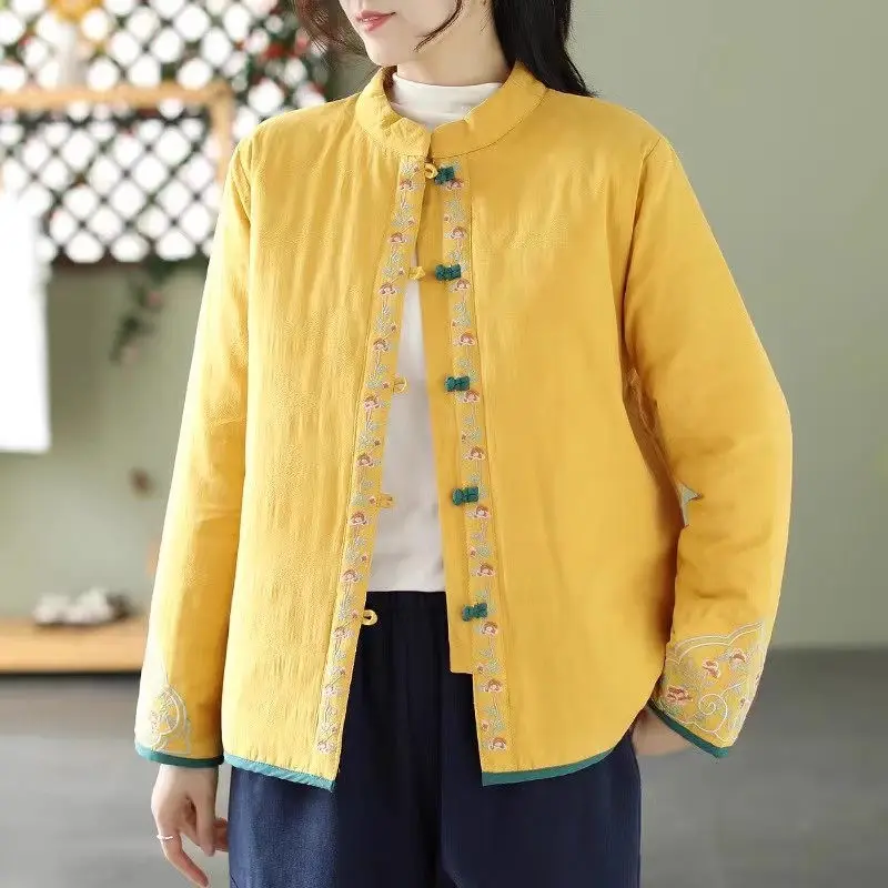 

Chinese Style Embroidery Cotton Linen Clothes For Women Autumn Winter Loose And Retro Button Up Hanfu Quilted Jacket Top Z2948