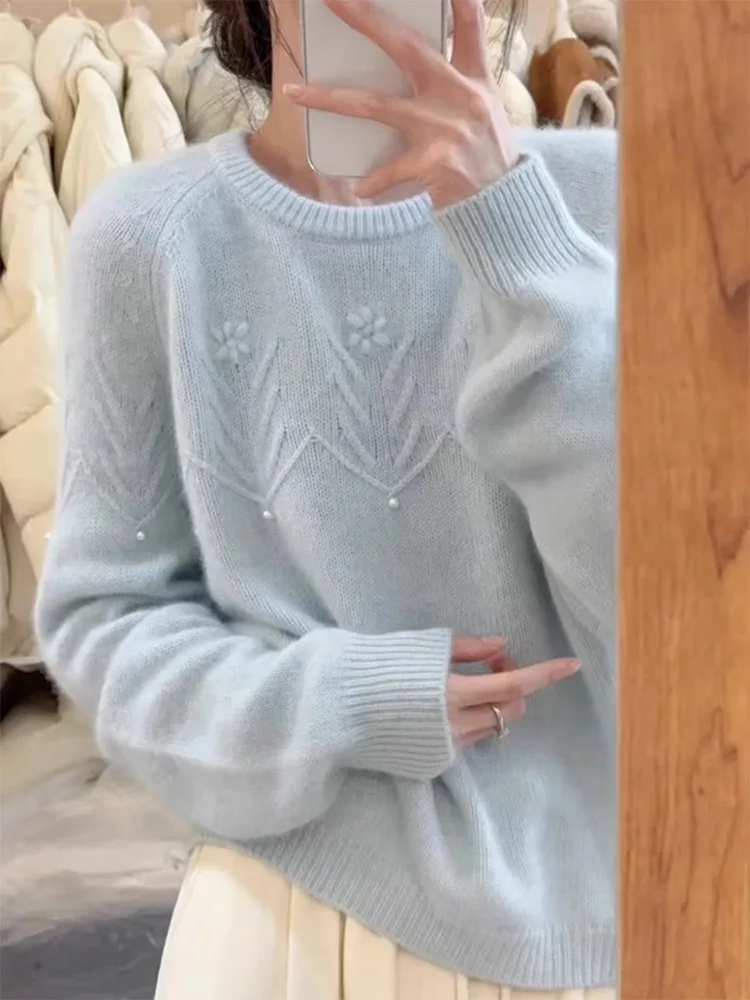 

Soft Blue Knitted Oversized Sweater Women's Spring New Sle Lazy Faion round Ne Long Sve Comfortable Casual Knitwear