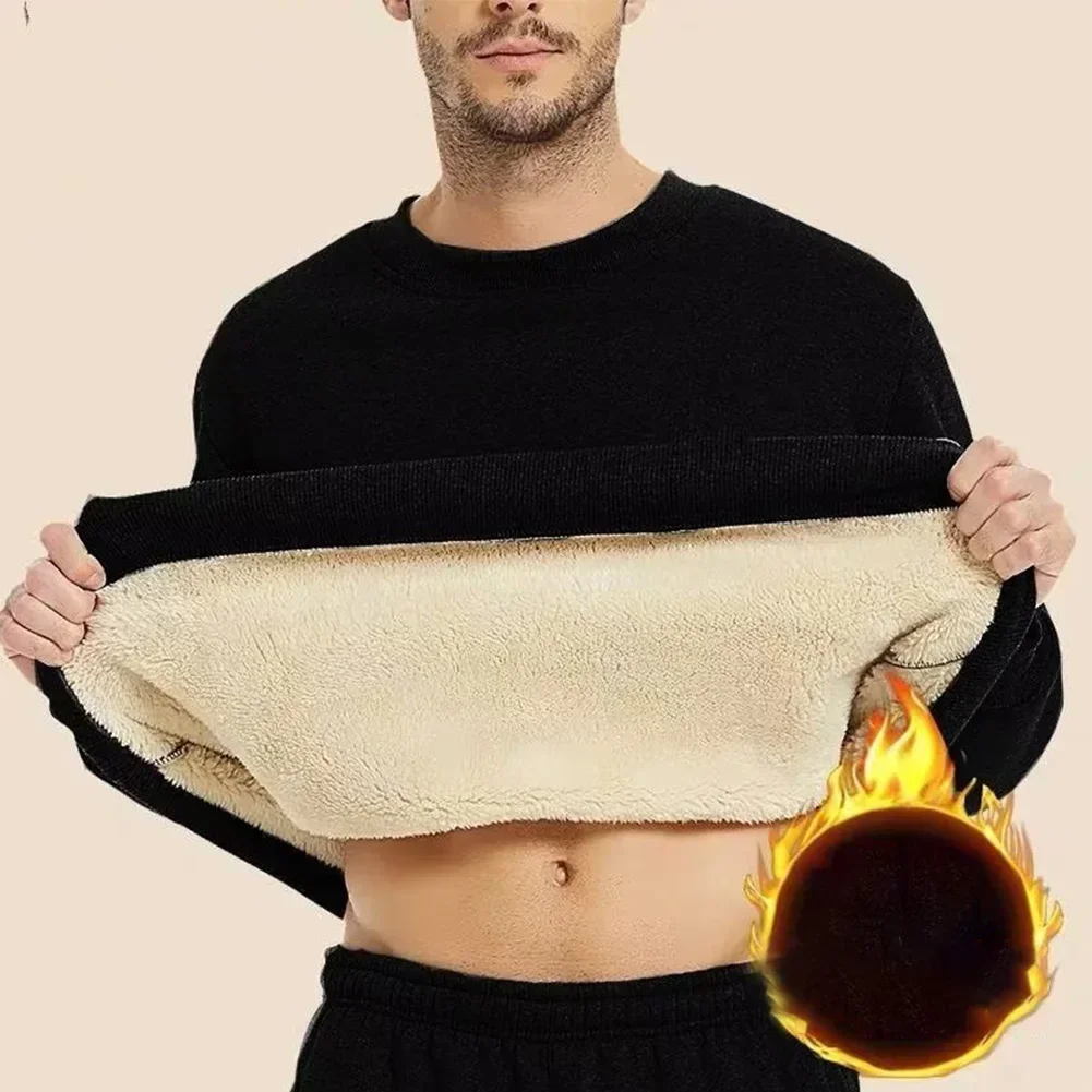 LIBIELIY Winter Man Warm Fleece Lined T Shirt Thick O Neck Solid Color Basic Pullover Sweatshirt Thermal Underwear Tops Clothin