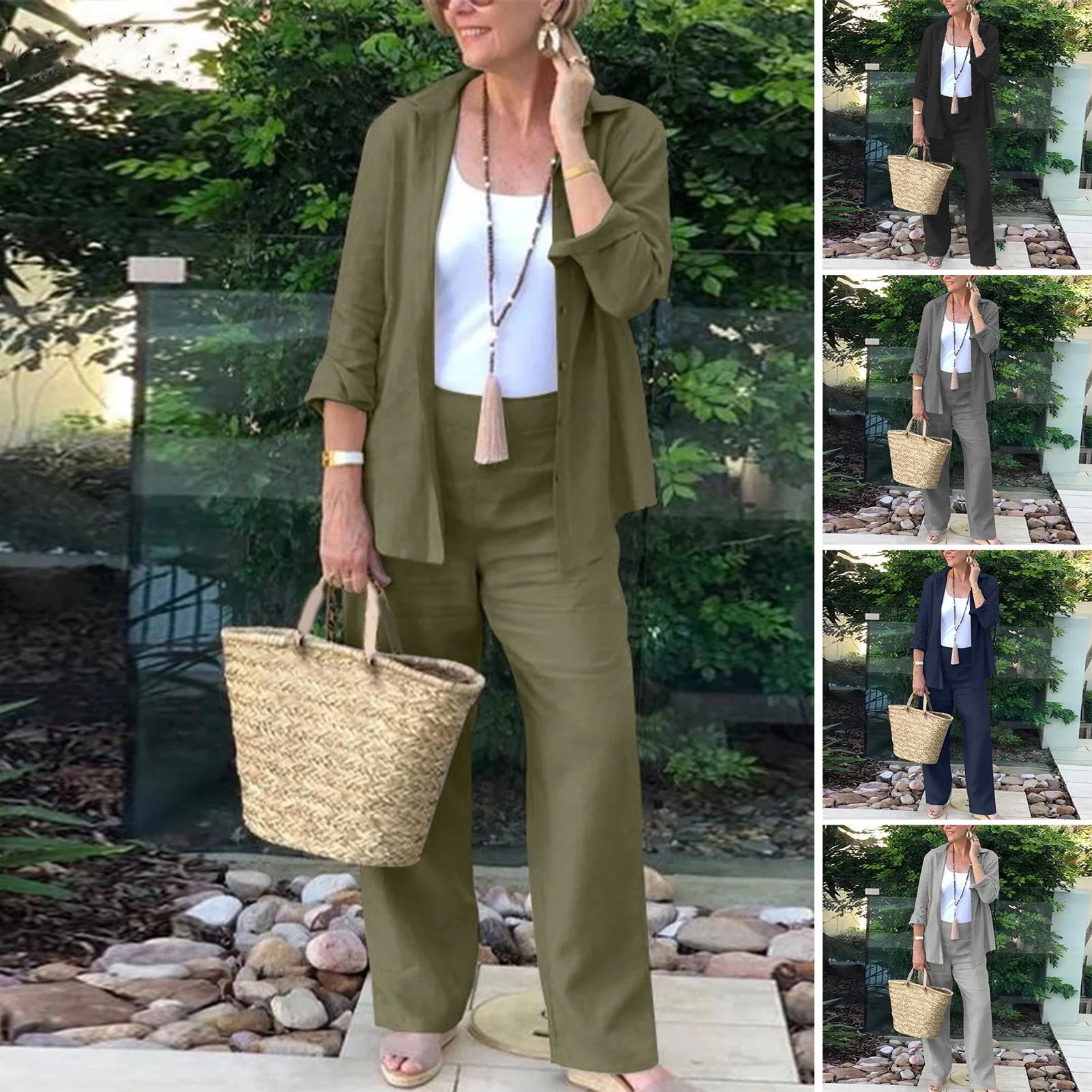 Autumn Summer Button Pants Set Women's Trendy Turn-Down Collar Slim Fit Shirt and Pants Chic Commuting Blouse Outfit 2pcs Sets