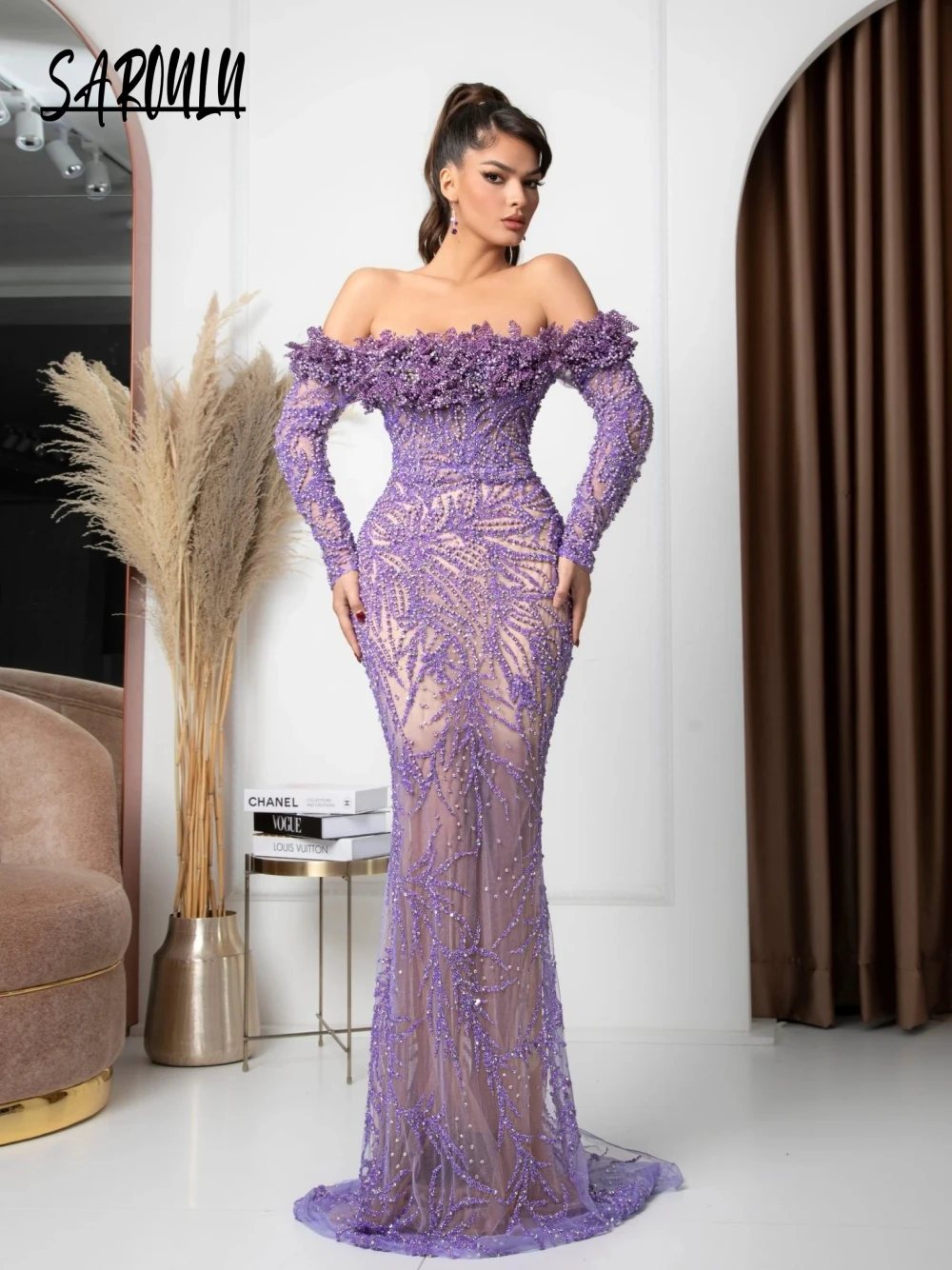 

Dreamy Off the Shoulder Pearls Evening Dress Romantic Mermaid Celebrity Prom Gown Elegant Customized Special Occasions Wear