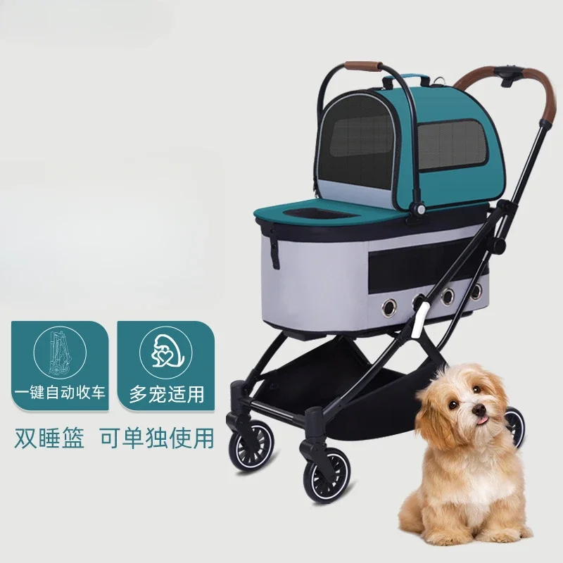 Automatic Folding Double-layer Pet Cart Separate Pet Cart Lightweight Small and Medium-sized Dog Cat Stroller Dog Cat Trolley