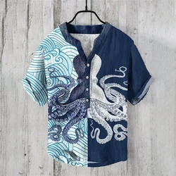 New Men's Top 100% Linen Short Sleeve Shirt with Retro Printed Casual Short Sleeve Fashion Men's Youth Art Shirt