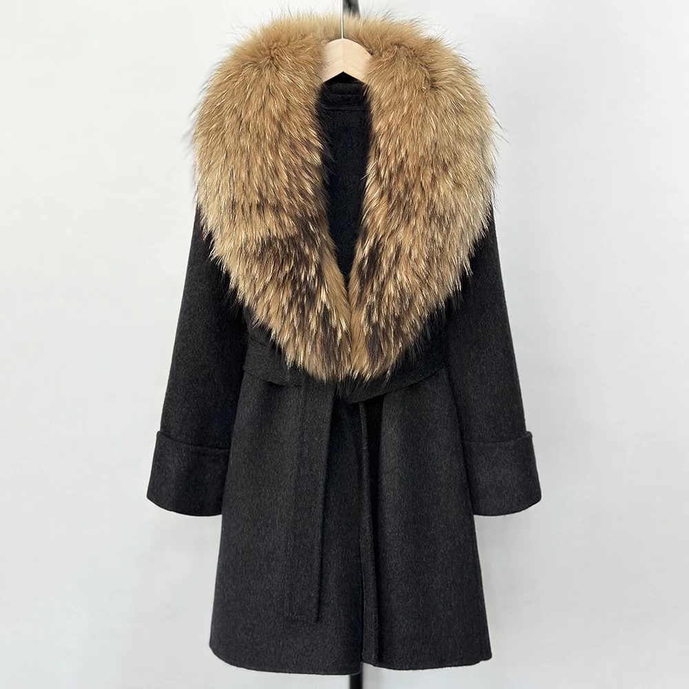 

Elegant Woolen Coat Real Fox Fur Collar Wool Blends Jacket Autumn Women Single Breasted Belt Natural Raccoon Fur Coat Overwear