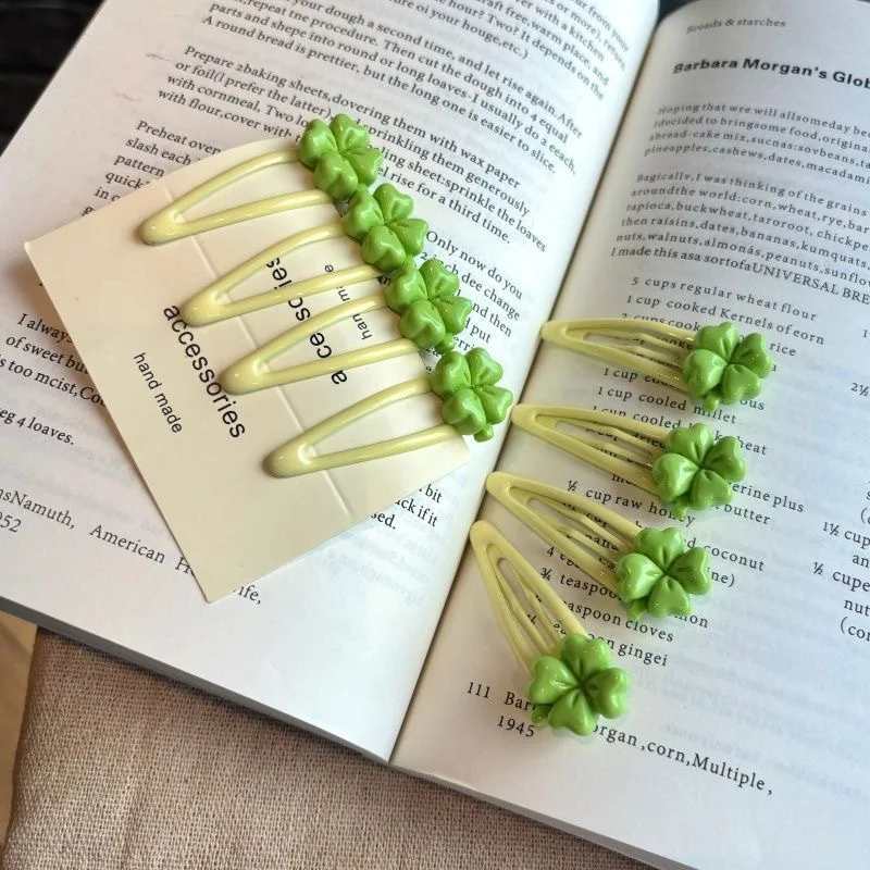 4pcs Lucky Four-Leaf Clover BB Side-Braided Hairpin with Fringe Clips Cute and Adorable Miniature Green Hair Accessory for Girls