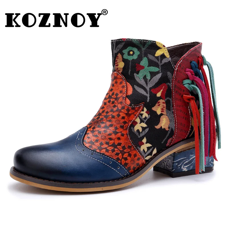 

Koznoy Genuine Leather Ankle Boots Women 3cm Ethnic Cotton Fabric Women Feature Autumn Spring Mid Calf Plus Size Novelty Shoes