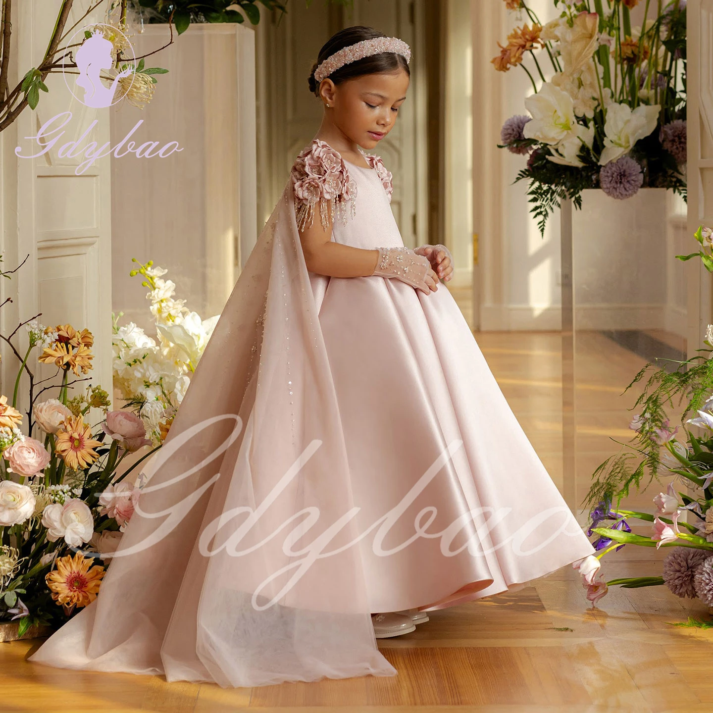 

Pink Cloak Sleeves Flower Girl Dresses Pageant Gown for Wedding 3D Flower Appliques Elegant Birthday Party First Communion Gown