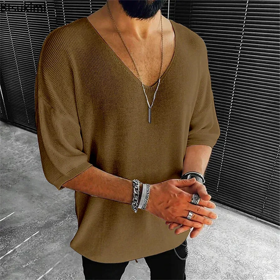 New 2024 Men's Summer Short Sleeve Knit Tops Shirts Casual V-neck British Loose Shirts Male Solid Shirts for Men Fashion Tops