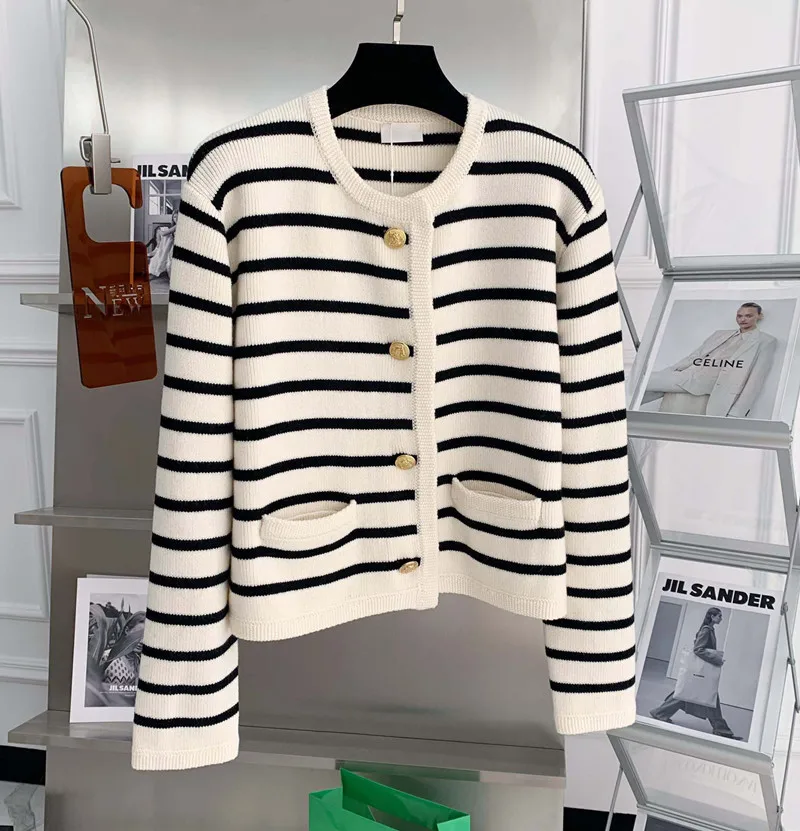 Gold Button Contrast Stripe Long Sleeve Top Small Fragrant Knitted Cardigan Sueter Womens Clothing Spring Autumn Sweater Coat