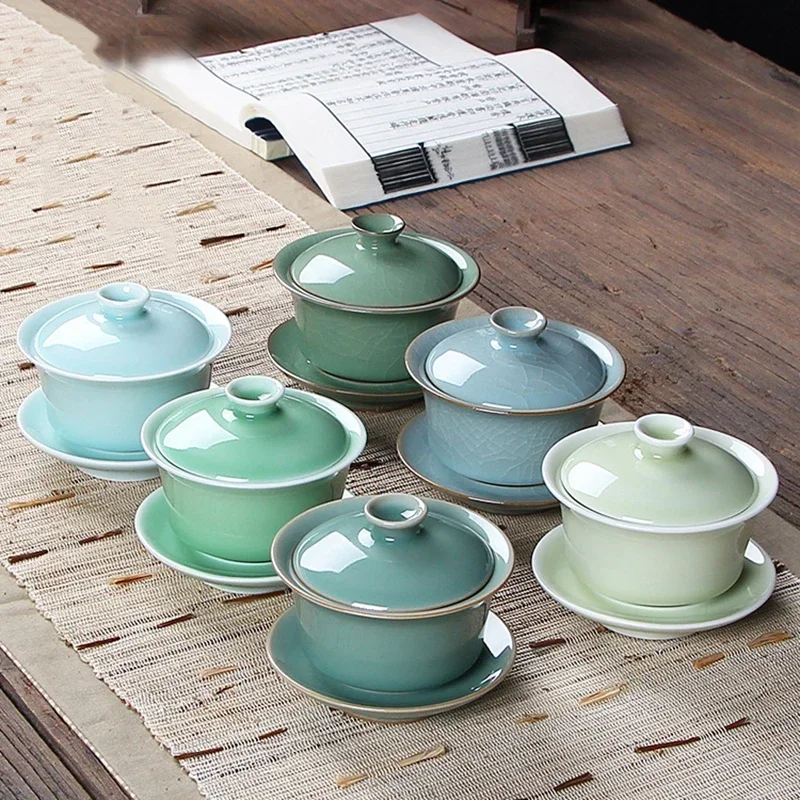 

Gaiwan Longquan Celadon Kung Fu Tea Set Three Talents Ge Kiln Open Slices Ceramic Tea Bowl Hand Grab Covered Bowl