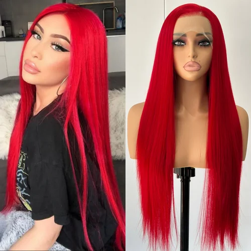 Peluca roja Borgoña 13X4, peluca con malla Frontal sintética larga y recta, pelucas frontales de encaje de pelo de color vino oscuro para mujer, Cosplay de fiesta