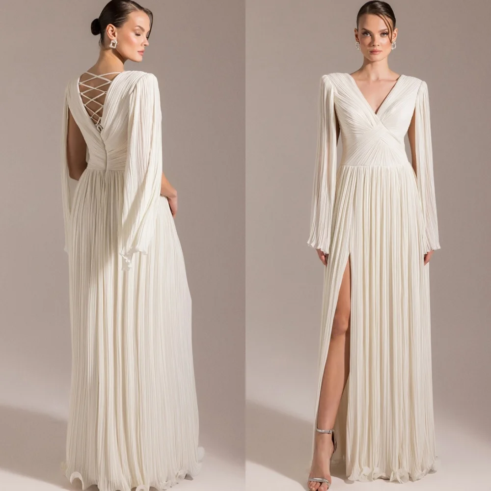 

Формальное шифоновое вечернее платье по индивидуальному заказу, классические платья с v-образным вырезом и длинными рукавами, платья для выпускного вечера на шнуровке сзади, платья для особых случаев