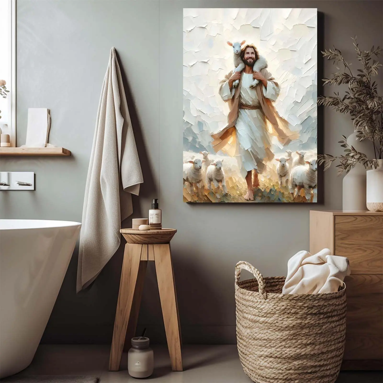 Jesus Embracing Lamb Watercolor Wall Art, Modern Jesus Print Wall Decor, Renaissance Jesus Canvas Poster No Framed