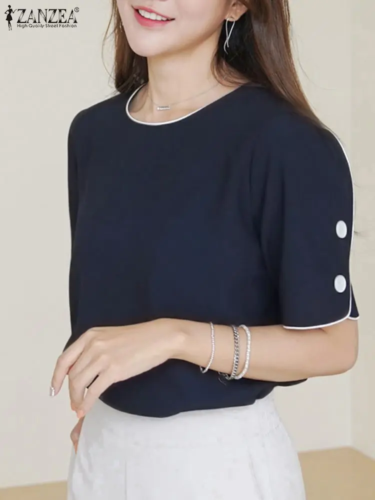 ZANZEA Elegant O-neck Basic Tops 2024 Summer Women Buttons Blouse Korean Office Casual Solid Blusas Fashion Short Sleeve Shirt