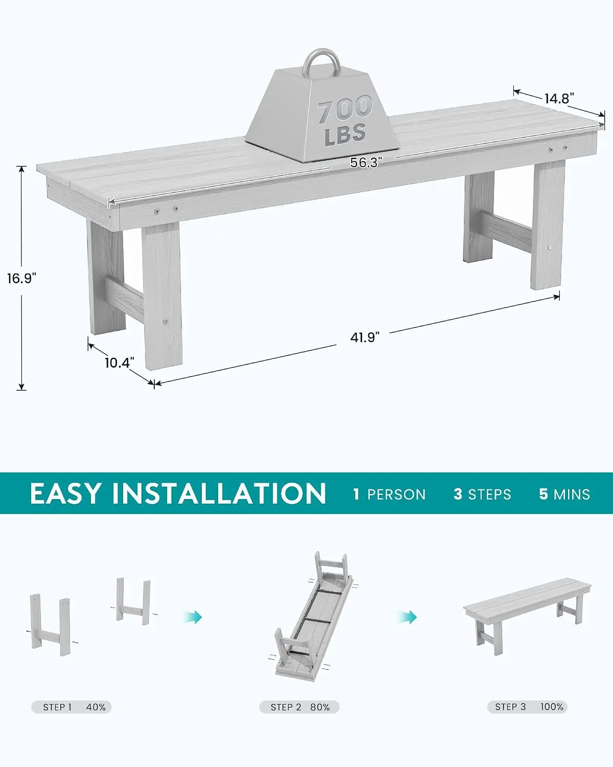 Backless Outdoor Bench 2-Person 56 Inch Silver Grey 2 Pack, Customized