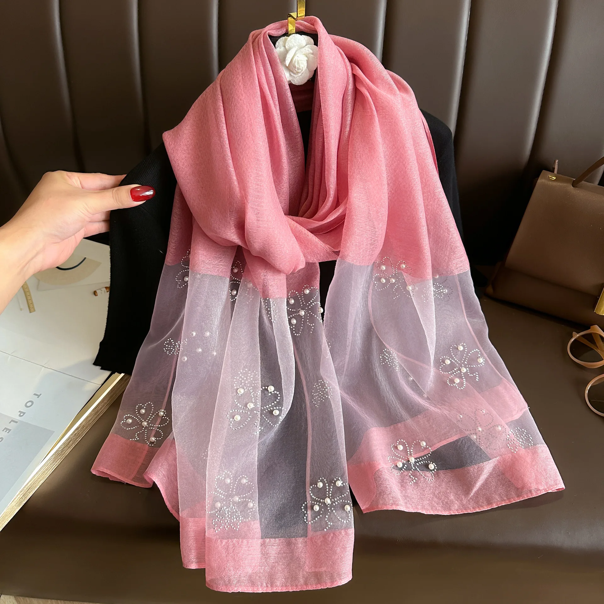 Perle Koreanische Blume Stickerei Schal Elegante Strass Dünne Seide Schal Rose Luxus Frauen Hijab Schals Dame – Detail 5