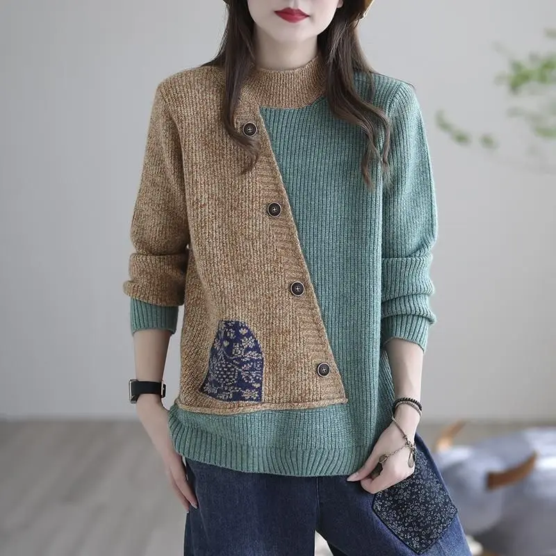 2023 New Autumn and Winter Fashion Retro Half High Neck Thread Knitted Long Sleeve Temperament Commuter Splice Women\'s Sweater