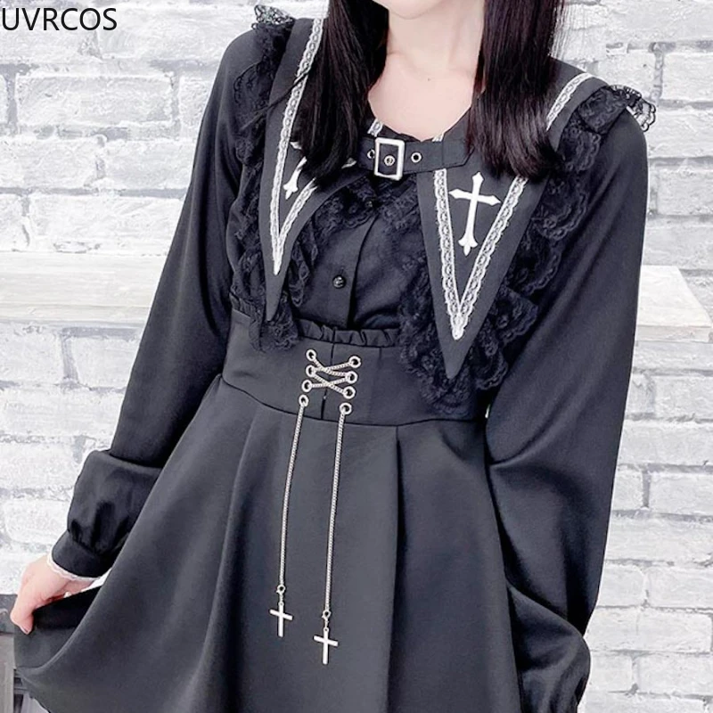 Victorian Gothic Lolita Blouses Japanese Sweet Lace Ruffles Embroidery Sailor Collar Shirt Women Punk Style Y2k Long Sleeve Tops