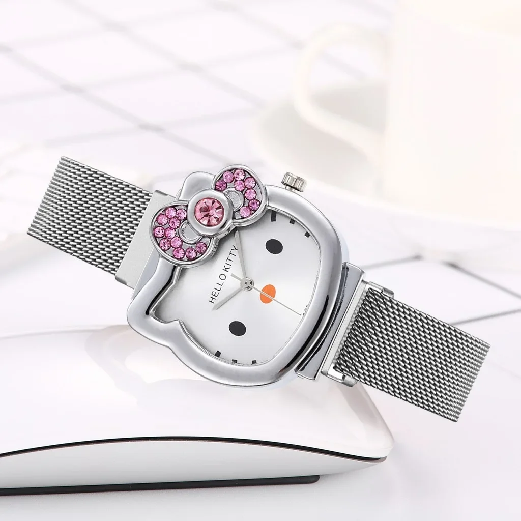 Sanrio Hello Kitty Women\'s Watch Kawaii Diamonds Cartoon Bow Tie Magnet Watch Girl Fashion Versatile Jewelry Watch  Holiday Gift