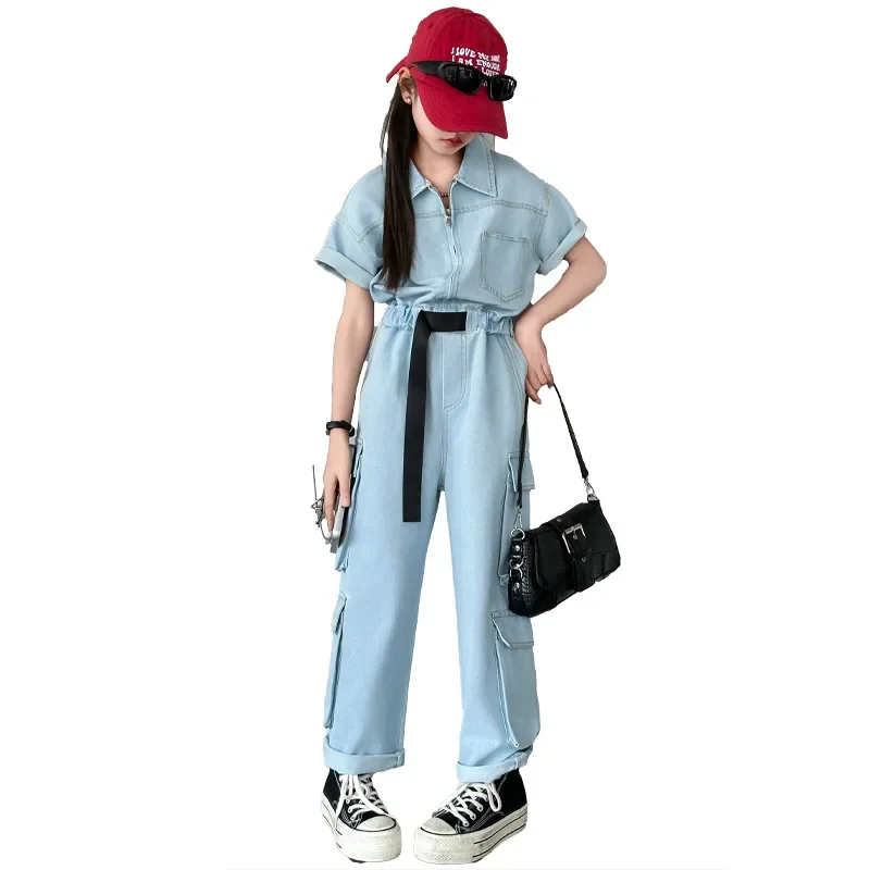 Girls Overalls Short-sleeved Jumpsuit Summer Tide Cool Streetwear Fashion Blue Denim Playsuits for Kids Teen Children Clothes