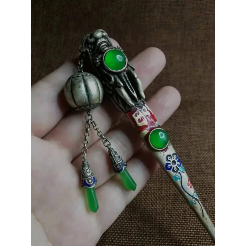 Antique Collection Tibetan Area Backflow Old Silver Inlaid Emerald Faucet Hairpin Retro Old Pulp Hairpin Wholesale