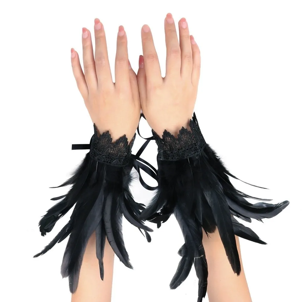 Fashion Black Fluffy Feather Wrist Cuffs Adjustable Lace Plume Bracelet Gothic Punk Wristband Stage Performance