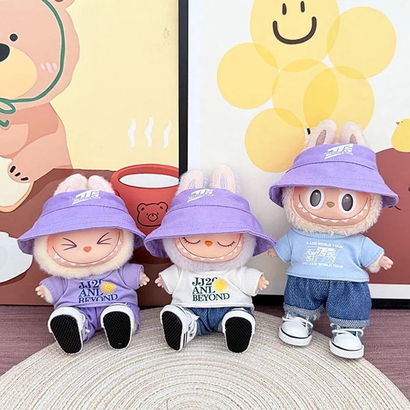 

Clothes For LABUBU 15/17cm 1st-3rd Gen Doll Concert Cheer Outfits Purple White Blue Hat T-Shirt Set