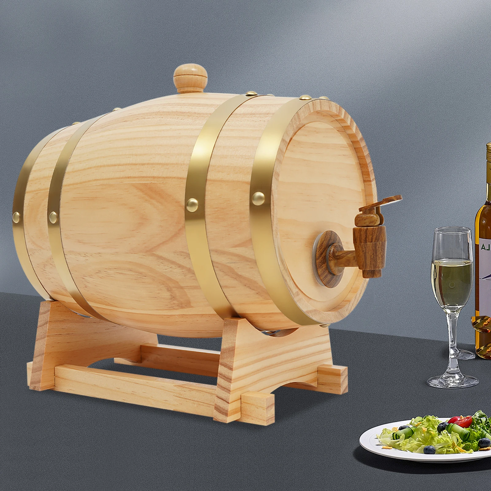 3L Wood Wine Barrel with Stand Oak Aging Whiskey Dispenser for Cocktails Whiskey and Wine