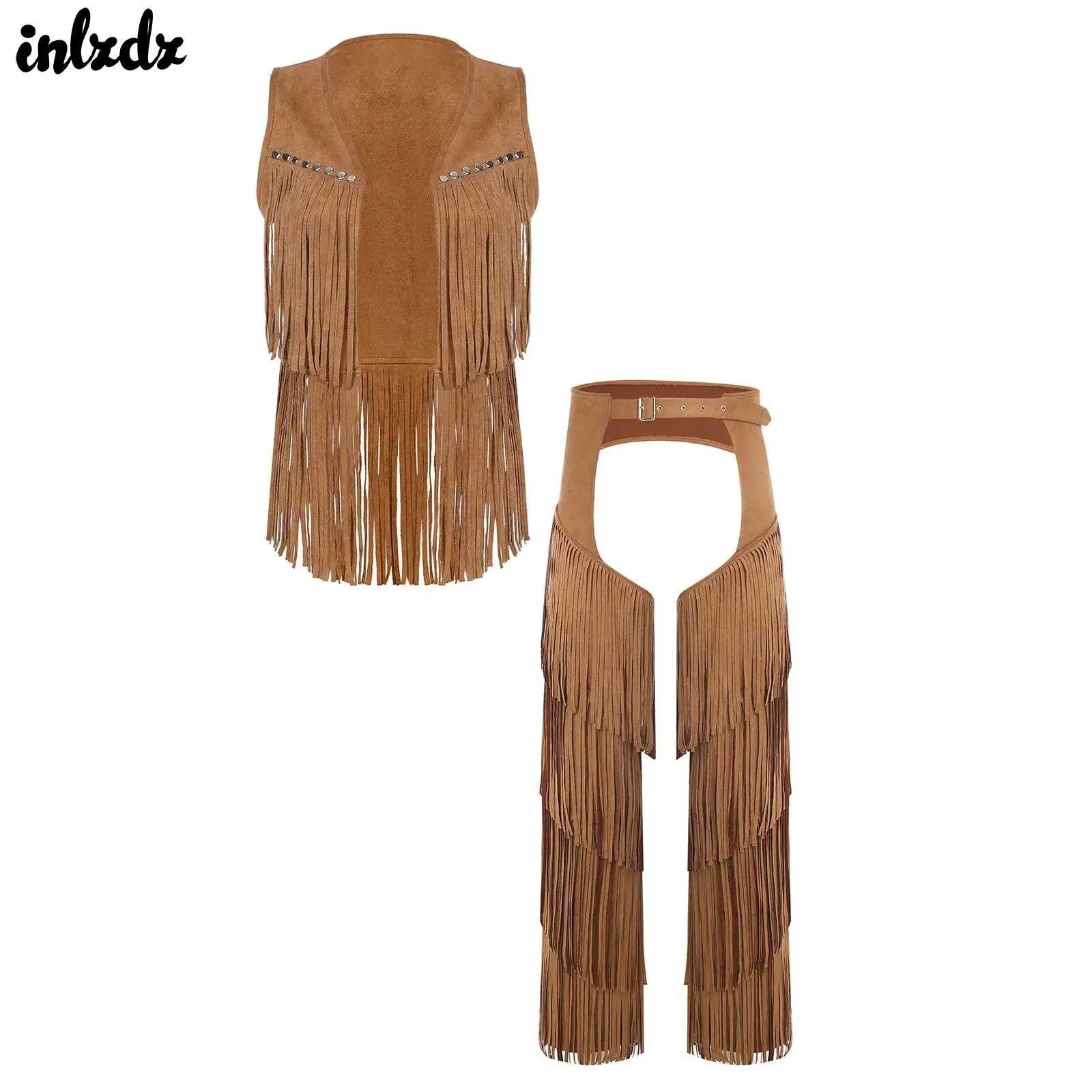 

Mens Faux Suede Western Cowboy Halloween Gothic Punk Cosplay Costume Open Front Tassel Vest And Open Crotch Fringe Chaps Pants