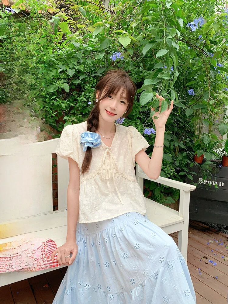 

Женский модный приталенный летний топ Yang Pao Pao с V-образным вырезом, коротким рукавом, кружевной отделкой и вышивкой из шифона, цвет белый нектарин