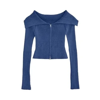 KUSAHIKI 2023 New Sexy Spicy Girl Y2K Knitwear Top Korea Chic Autumn Off Shoulder Strapless Double Zippers Slim Knitted Cardigan