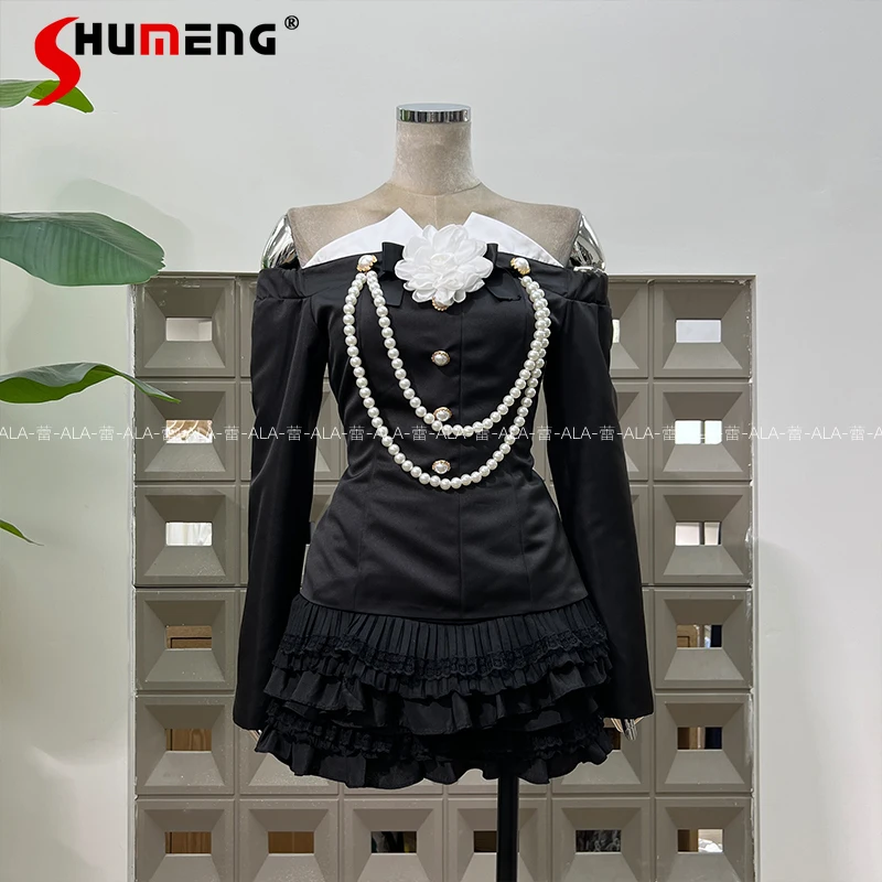 

Socialite Retro Off-the-Shoulder Light Luxury Elegant Temperament Three-Dimensional Flower Contrast Color Tops High-Waist Skirts