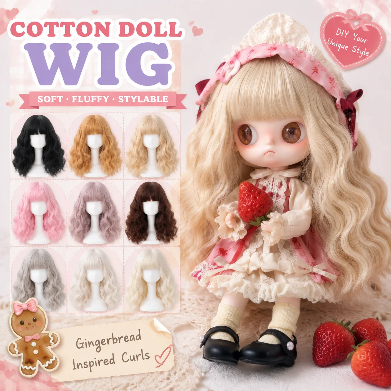 Zsiga Doll Wig Long Curly With Bangs Gingerbread Color Soft Wool Like Fiber Trimmable For Doll Styling Adult Collectors