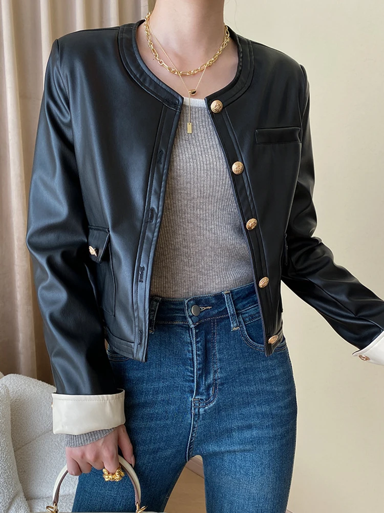 

Loose Fit Coffee PU Leather Big Size Casual Jacket New O-neck Long Sleeve Women Coat Fashion Spring Autumn O583