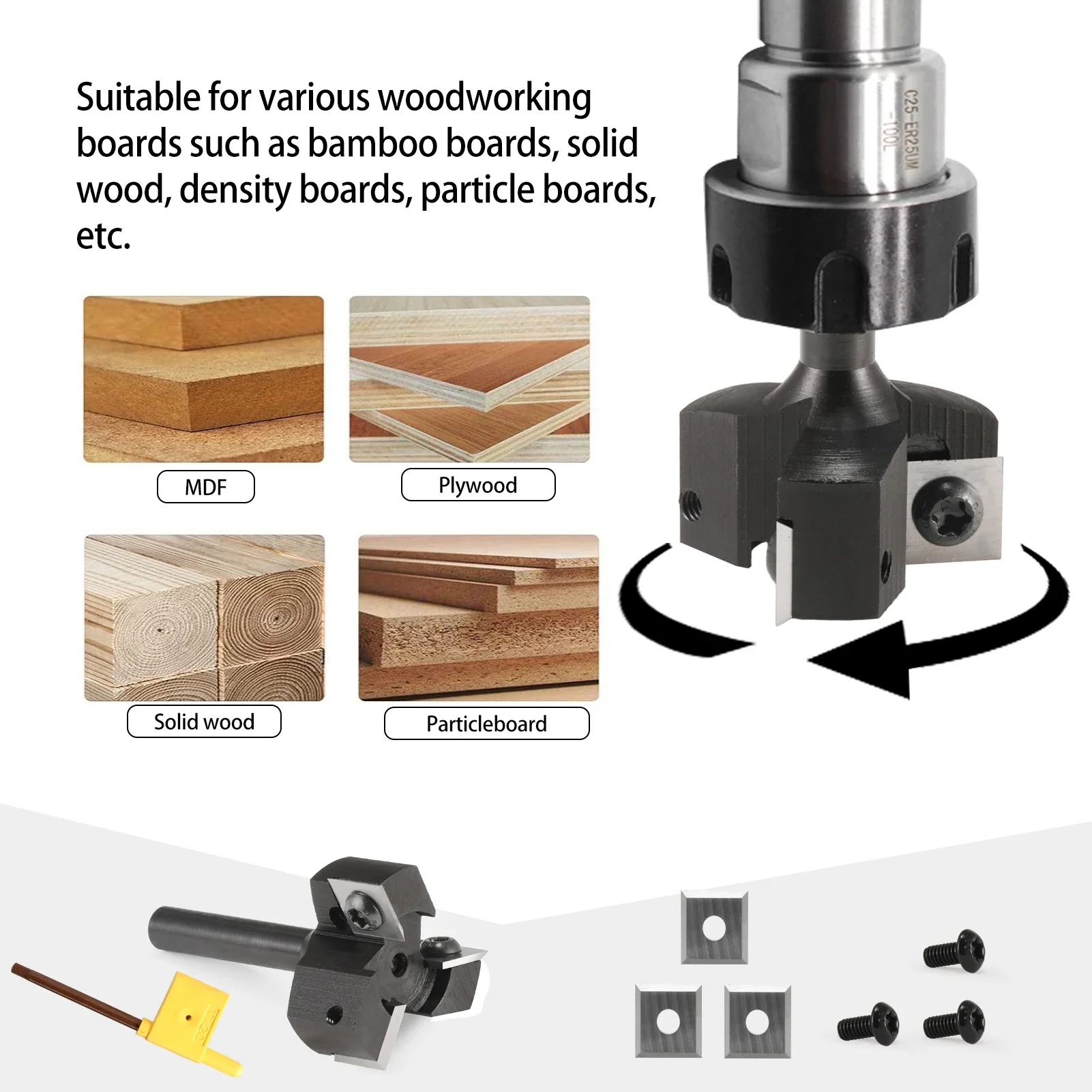 3 Flutes Insert Wood Planing Bit 6.35mm 8mm 12mm 12.7mm CNC Router Bit Surfacing Milling Cutter Woodworking Tools End Mill