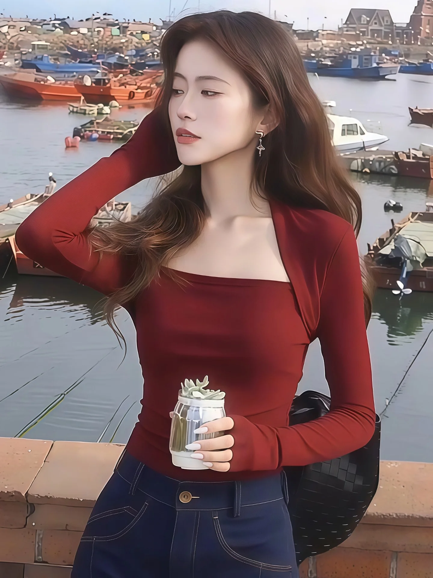 เสื้อยืดสไตล์เรโทรเกาหลี แขนยาว ทรงเข้ารูป คอเหลี่ยม สำหรับผู้หญิง ใส่เป็นเสื้อตัวใน แฟชั่นฤดูใบไม้ร่วงและฤดูหนาว