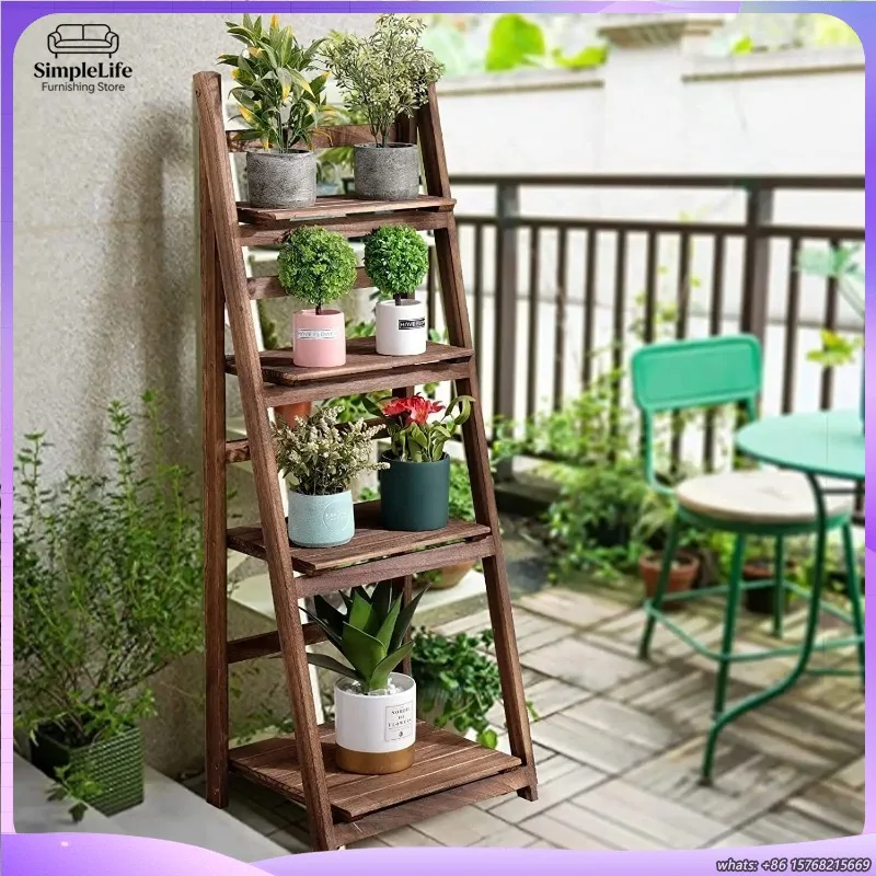 4段折りたたみ式木製収納棚、本棚、植物スタンド、フラワーディスプレイラック、室内装飾棚