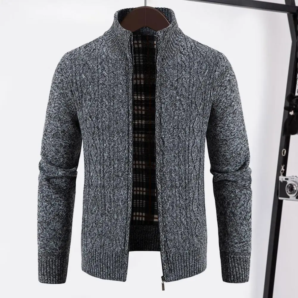 Aconchegante malha cardigan suéter masculino, jaqueta masculina, gola, fechamento com zíper, bolsos, quente, outono, inverno