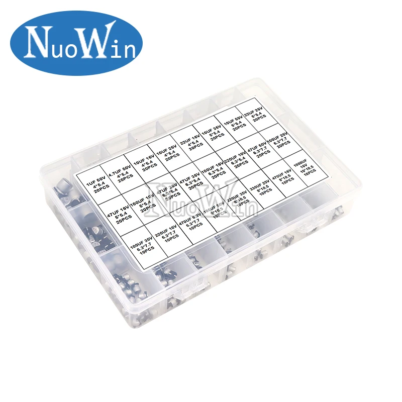 

400pcs/Lot SMD Aluminum Electrolytic Capacitor Assortment Kit 24Values 1UF-1000UF 6.3V-50V Capacitance Sample Set with box