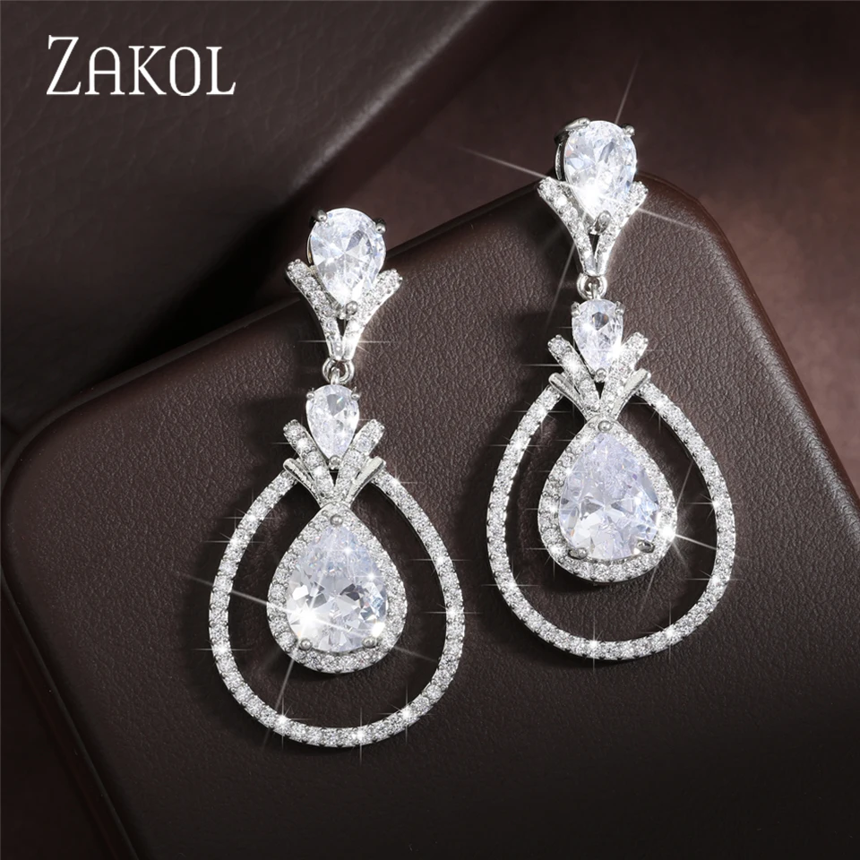 ZAKOL Luxury Geometric Water Drop Zircon Earrings for Bridal Wedding Women's Silver Color Party Jewelry