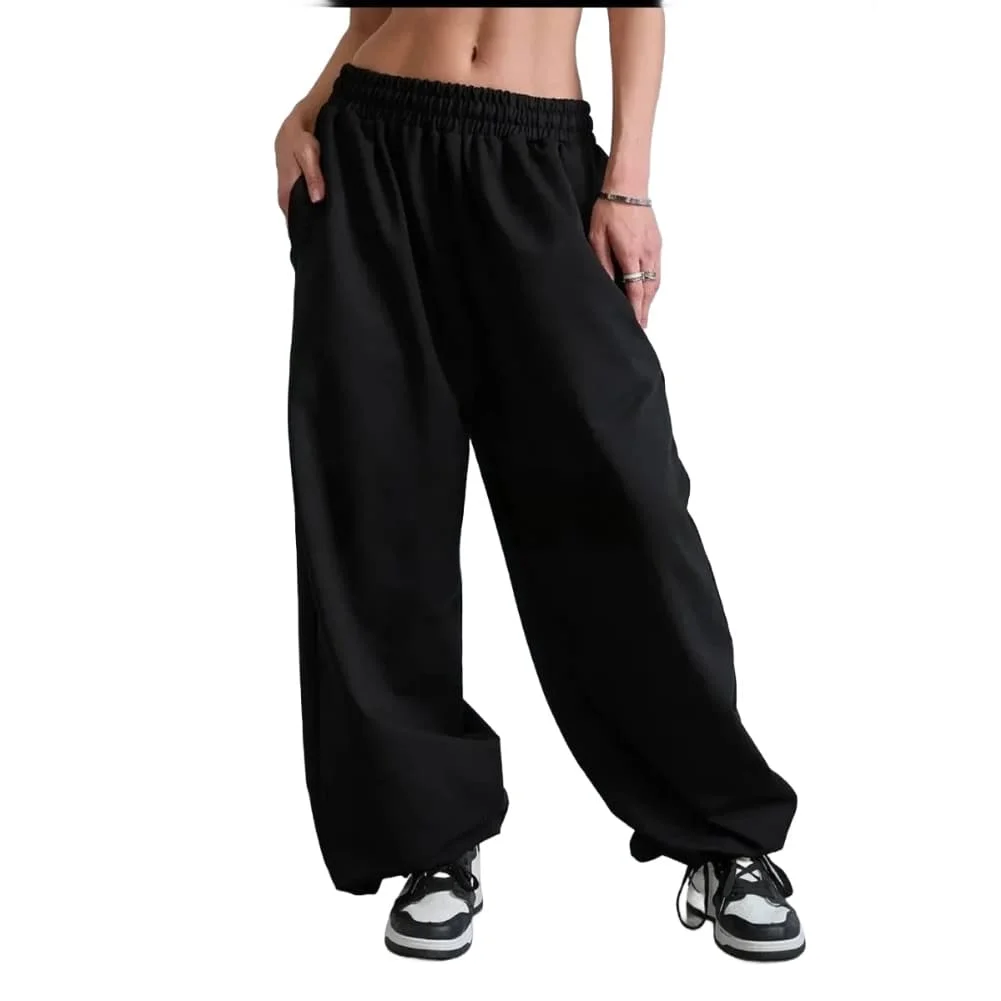 Womens Polyester Wide Leg Sweatpants Loose for Fit Elastic Waistband Solid Pattern for Warm Season Vacation and Use