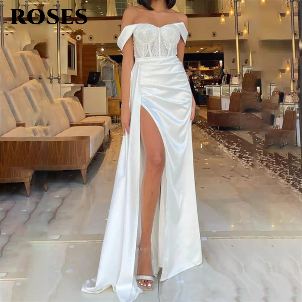 

ROSES Mermaid Elegant Sexy Wedding Party Dress Side Split Celebrity Dress Off the Shoulder Special Occasion Dress robes du soir