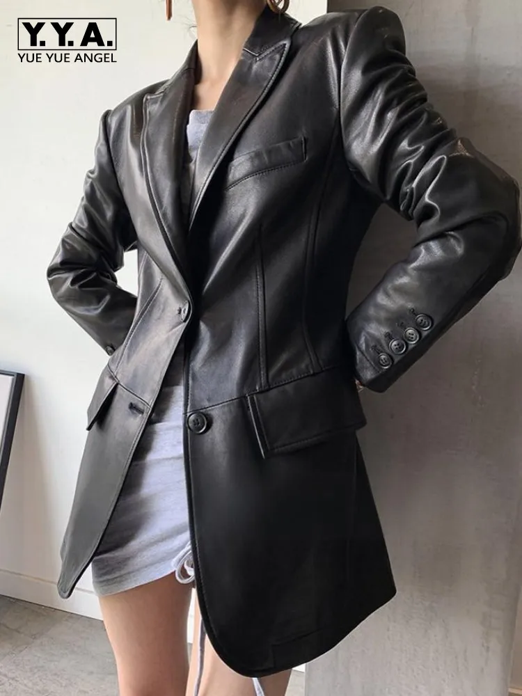 

Женская офисная куртка из натуральной кожи с двумя пуговицами, универсальное пальто из овчины, однотонное, с отложным воротником, длинными рукавами, верхняя одежда